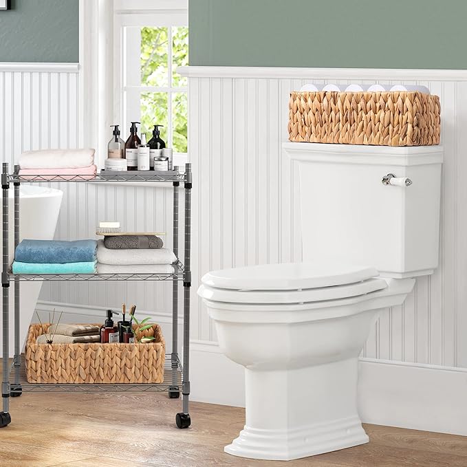JS HANGER Paper Storage Basket, Metal Frame, Set of 2, 14.9"L x 6.3"W x 4.7"H, Wicker Basket for Pantry, Toilet, Bathroom, Bedroom, Patio Storage Baskets for Shelves