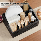 Paper Plate Dispenser for Party, Wood Outdoor Utensil Caddy for Parties, Paper Plate Holders Organizer for Countertop, Black Silverware Holder for Buffet Cutlery, Plates,Flatware, Utensils and Napkins