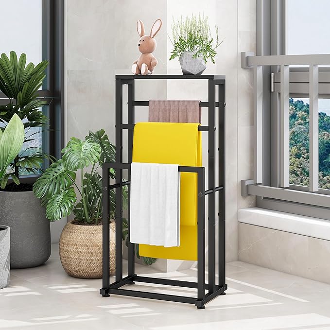 Free Standing Towel Rack for Bathroom, 3 Tier Metal Blanket Rack with Shelf, Blanket Drying and Display Rack for Oversized Bath Towels Bathroom Accessories, Next to Tub or Shower, Black