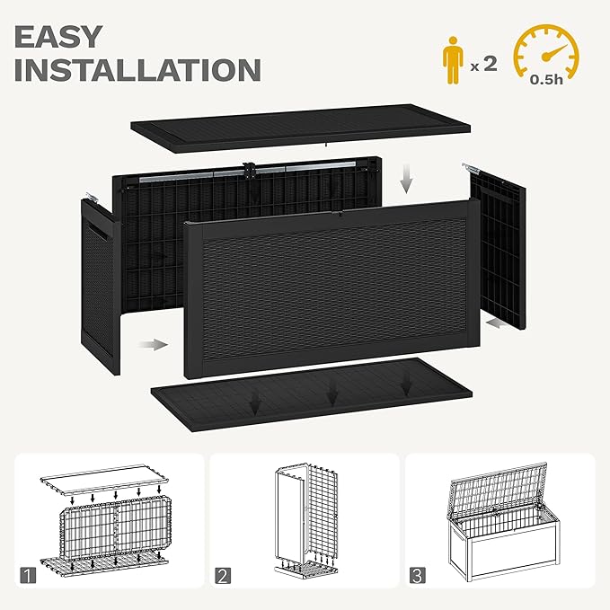 DWVO 260 Gallon XXL Extra Large Deck Box, Resin Outdoor Storage Box, Lockable & Waterproof, Double as Seating, 1000lbs Capacity (Black)
