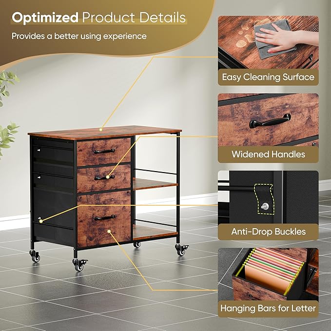 ZENY Lateral File Cabinet with 3 Drawers, Mobile File Cabinet Printer Stand, Rolling Fabric Lateral Filing Cabinet for Office Home Small Space (Rustic Brown)