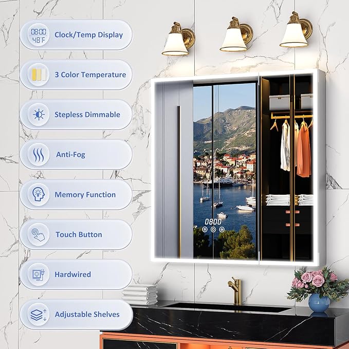 30"×32" Lighted Medicine Cabinet Mirror, Recessed Bathroom Mirror Cabinet with Lights, Defogger, Dimmer, Clock, Built-in Outlet & USB Ports, Wall-Mounted LED Bathroom Mirror, Double Door