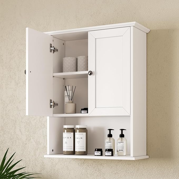 Medicine Cabinet, Over The Toilet Storage Cabinet, 24x30 Inch Wall Mount Bathroom Storage Cabinet with 2 Doors & Adjustable Shelves, Wooden Bathroom Wall Cabinet, White