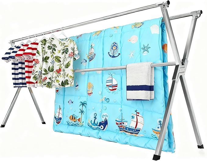 Premium Stainless Steel Clothes Drying Racks 81.5-83 Inches Heavy Duty Drying Rack Clothing Collapsible Foldable Portable Large Laundry Drying Rack with 20 Windproof Hooks for Indoor Outdoor