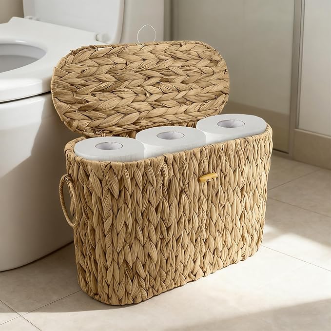 Toilet Paper Storage Basket - Water Hyacinth Slim Toilet Paper Holder with Lid, Holds Up to 9 Rolls, Decorative Organizer for Home Bathroom