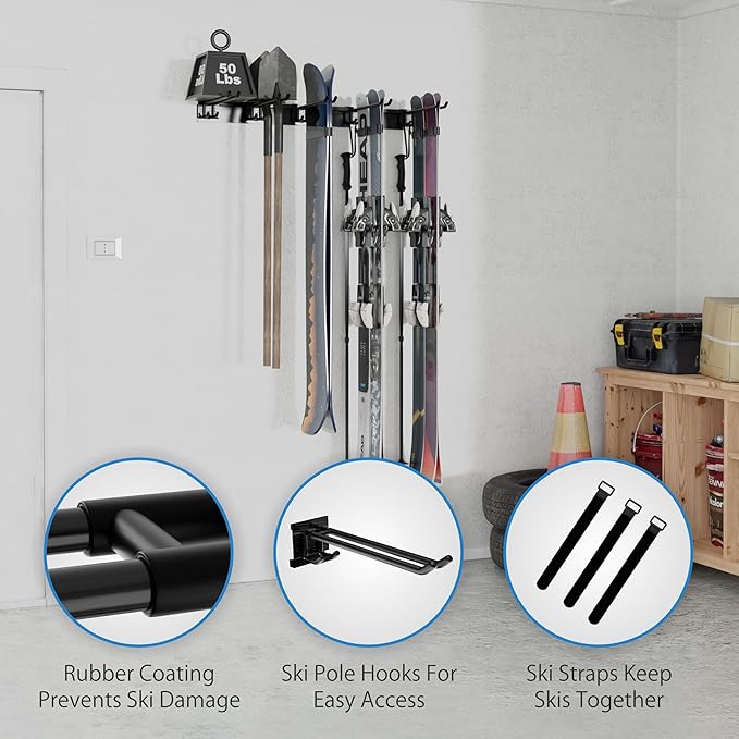 USA Based Ski Rack Wall Mount, Holds 6 Pairs for Ski Storage Rack, Snowboard Hanger & Ski Holders for Wall Storage Racks for Garage, Ski Hangers for Wall Holds Up to 75lbs, 3 Hooks Black