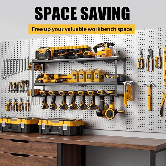Power Tool Organizer Wall Mount, Heavy Duty Metal Tool Storage Rack Loads 320lbs, 8 Cordless Drill Holder 3 Layer for Garage, Workshop, Tool Room, Gift for Men