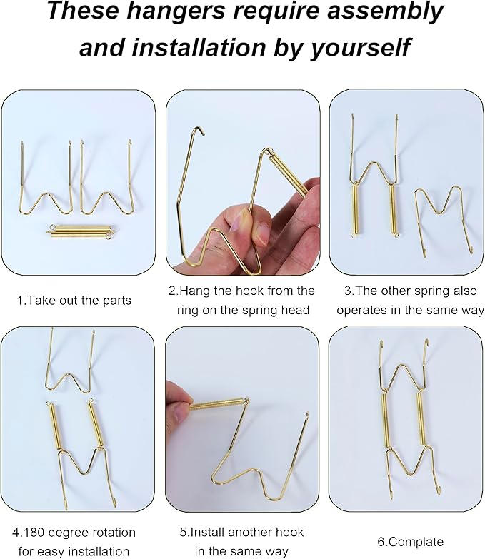 12 Pieces Invisible Vertical Plate Holders - 6 Pieces Plate Hangers for The Wall with 10 Pieces Wall Hooks for Displaying Plates, Platter, Dish (Gold, 6/8/10 Inch) ﻿