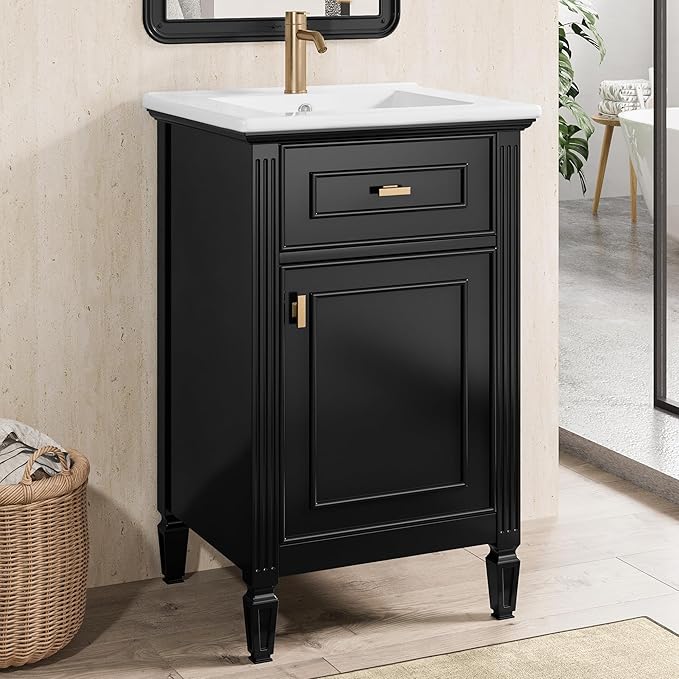 20 in Small Bathroom Vanity with Sink,Soft Closing Door,Tilt-Out Drawer and Adjustable Shelf,Solid Wood Modern Single Bathroom Sink Cabinet,Freestanding (Black)