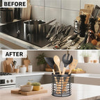 Utensil holder - Large Round Utensils Holder with Diatomaceous Base Matte Black Cooking Utensil Holder,Kitchen countertop Utensil Organizer (Metal)