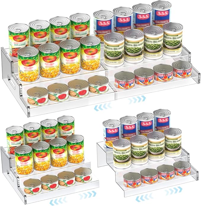 Expandable Can Rack Organizer for Pantry, 3-Tier Adjustable Acrylic Can Storage Holder, Holds Up to 24 Cans, Canned Food Organizer for Cabinet, Countertop, Kitchen