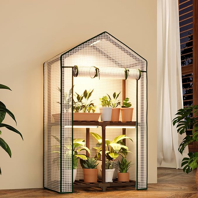 Bamworld Mini Greenhouse with Grow Light Plant Stand for Mutiple Pots Outdoor 2-Tierd Reusable Portable Warm House with PE Cover Compact Patio Boho Home Decor
