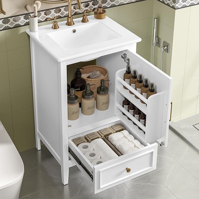20 in Small Bathroom Vanity with Sink,Solid Wood Modern Single Bathroom Sink Cabinet with Soft Closing Door and Drawer,Freestanding White