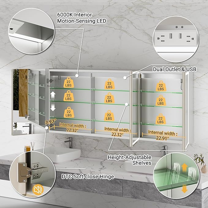 72x30 Lighted Medicine Cabinet with Mirror, Beveled Brushed Nickel Framed Surface or Recessed Fogless Dimmable LED Medicine Cabinet with Outlet, Time Display and Sensor Inner Light