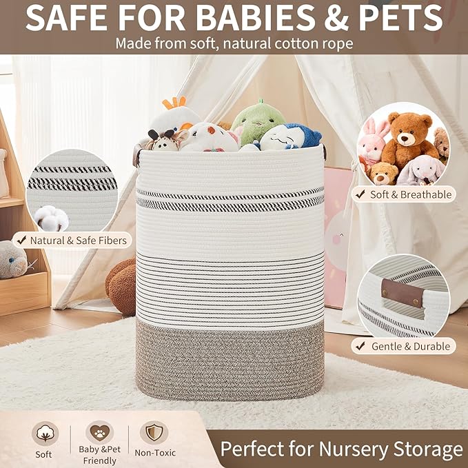 Laundry Hamper - Tall Woven Rope Laundry Basket - Clothes hamper with Leather Handles, 17" X 13.8" X 22", Blanket Storage Basket for Living Room, Rice Brown & White