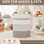 Laundry Hamper - Tall Woven Rope Laundry Basket - Clothes hamper with Leather Handles, 17" X 13.8" X 22", Blanket Storage Basket for Living Room, Rice Brown & White