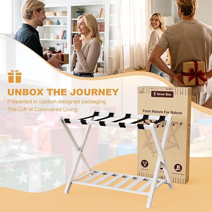 White Luggage Racks Set of 2, Bamboo 26.77" Luggage Rack Stand for Guest Room, 5 Nylon Straps, Foldable Suitcase Stand with Storage Shelf for Bedroom Hotel, Holds up to 165 Lbs