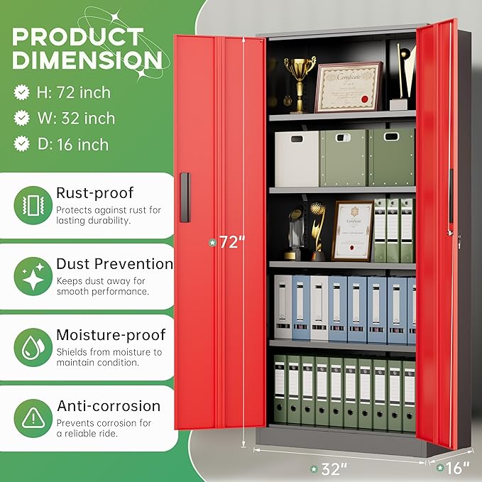 INTERGREAT Metal Storage Cabinet,72" Steel Lockable File Cabinet with Locking Doors and Adjustable Shelves,Locking Tool Cabinets for Office,Home,Garage,Gym,School (Black Red)