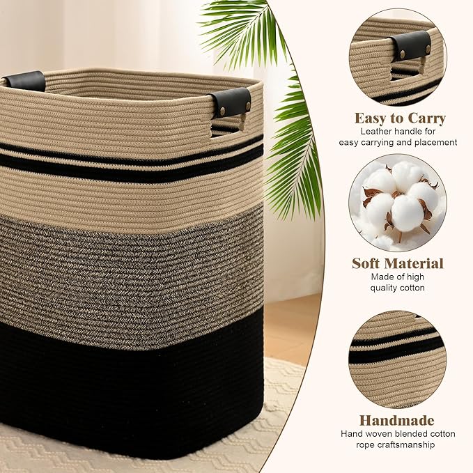 Laundry Hamper, 75L Tall Laundry Basket with Leather Handles, Rectangle Large Clothes Hamper for Organizing, Cotton Woven Laundry Baskets Storage Hampers for Bedroom, Nursery, Living Room