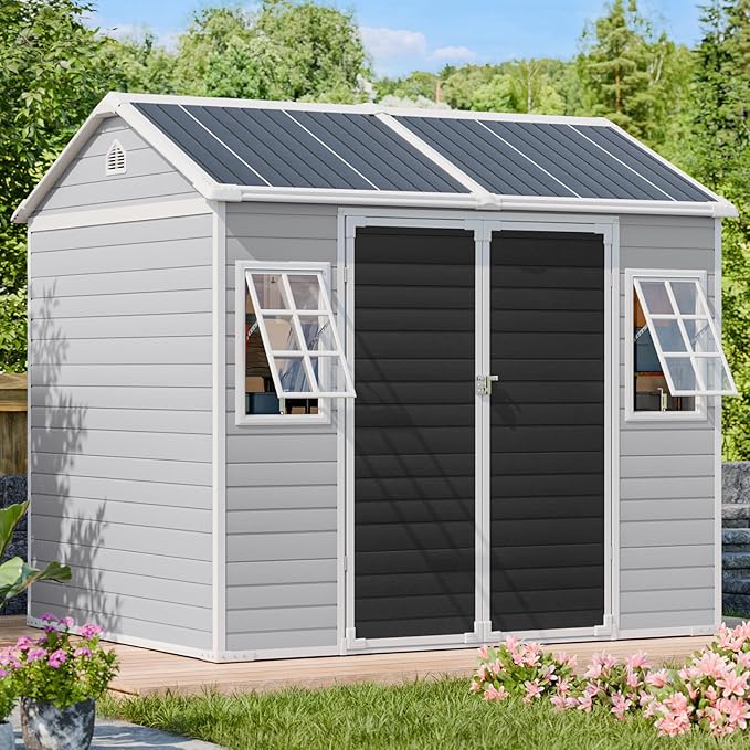 WACASA 8x6 FT Resin Plastic Shed with Floor, Heavy-Duty 21-Gauge Reinforced Steel Frame, 16mm Ultra-Thick Panels, Outdoor Storage Sheds with Awning Windows and Air Vents