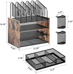 Marbrasse Desk Organizer with Drawer, 4-Tier Wooden File Organizer with 5 Vertical File Holders and 2 Pen Holders, Desk Organizers and Accessories for Home Office - Dark Brown