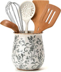 Utensil Holder for Kitchen Counter, Modern Farmhouse Cooking Utensil Holder and Crock Home Kitchen Decor, Ceramic Utensil Organizer for Spatula, Ladle, Eggbeater, Rolling Pin- Gray Flower Patterns