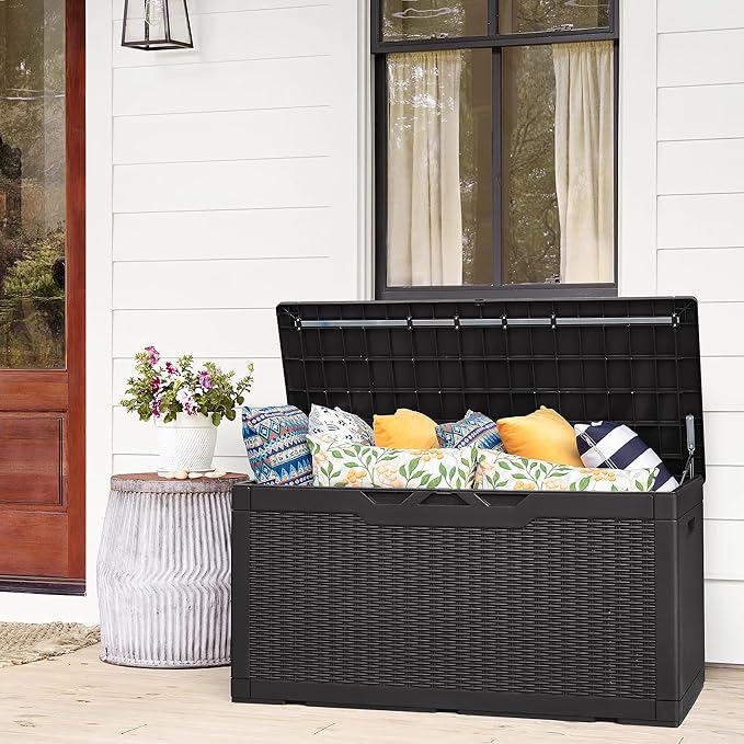 Flamaker Deck Box with Cushion 98 Gallon Waterproof Resin Storage Box with Air Rod Indoor Outdoor Lockable Storage Bench for Patio Furniture, Tools, Pool Accessories (Black)