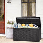 Flamaker Deck Box with Cushion 98 Gallon Waterproof Resin Storage Box with Air Rod Indoor Outdoor Lockable Storage Bench for Patio Furniture, Tools, Pool Accessories (Black)