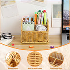BTSKY 3 Slots Natural Woven Remote Control Holder for Desk Rattan Media TV Caddy Storage Holder Office Supply Storage Rack Desk Accessories Organizer For Living Room Bedroom Countertop, Beige