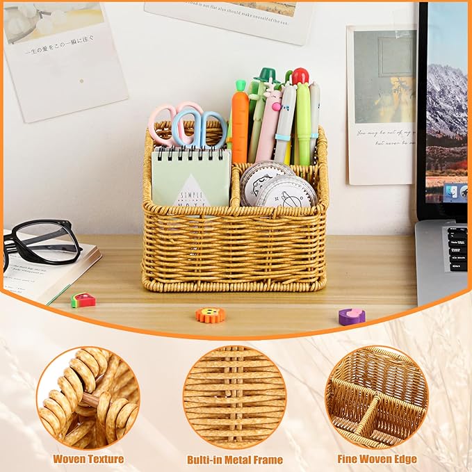 BTSKY 3 Slots Natural Woven Remote Control Holder for Desk Rattan Media TV Caddy Storage Holder Office Supply Storage Rack Desk Accessories Organizer For Living Room Bedroom Countertop, Beige