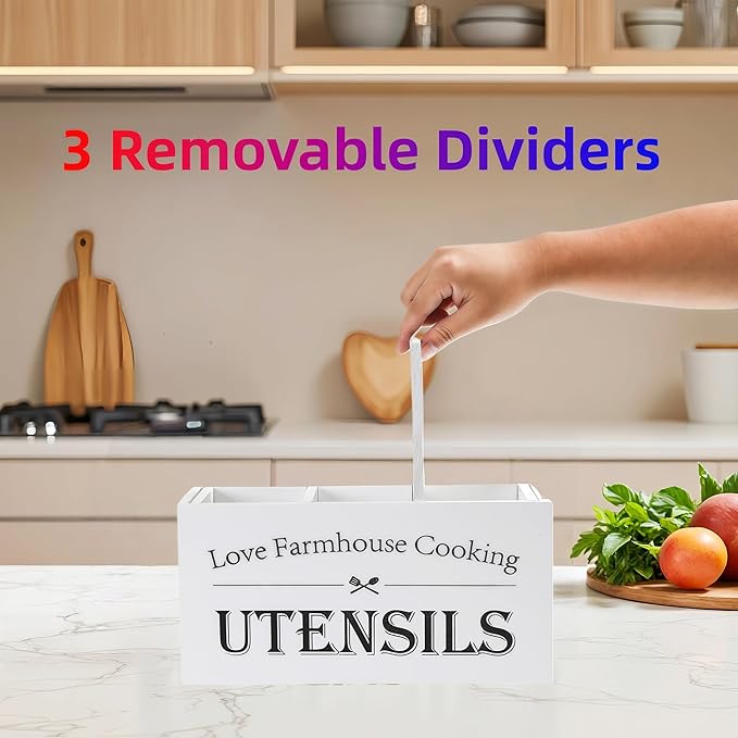 Utensil Holder, Utensil Holder For Kitchen Counter,Large Cooking Spatula Organizer,Farmhouse Wooden Big Storage With 3 Compartments Rustic Flatware Spoon Tool Organizer (White)