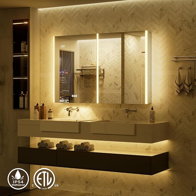 60x30 Lighted Medicine Cabinet Mirror with Lights & Smart Night Lamp -Surface or Recessed Medicine Cabinet with Outlet & Clock,Fogless Dimmable LED Storage Mirror,Built-in Sensor Light