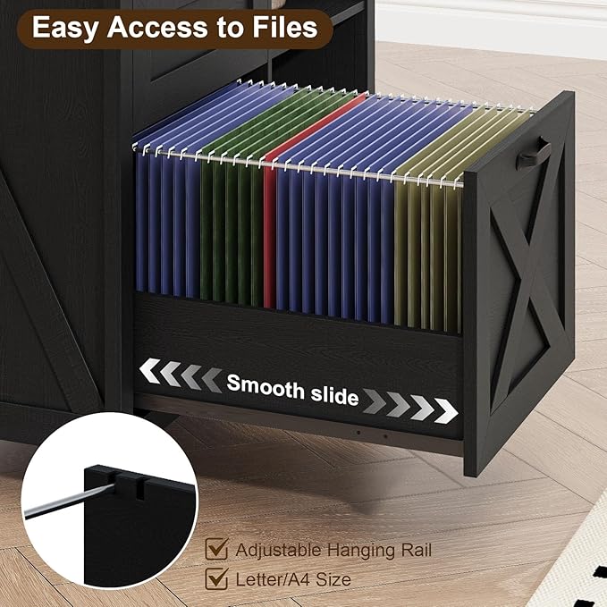 3 Drawer File Cabinet, Farmhouse Lateral Filing Cabinet Fits Files Letter or A4 Size, Wooden Printer Stand with Open Storage Adjustable Shelf for Home Office, Rustic Black