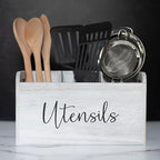 White Kitchen Utensil Holder for Countertop – Large 3-Compartment Wooden Organizer & Caddy with Drain Holes, Farmhouse Utensil Holder for Kitchen Counter, Modern Rustic Storage for Spoons & Spatulas