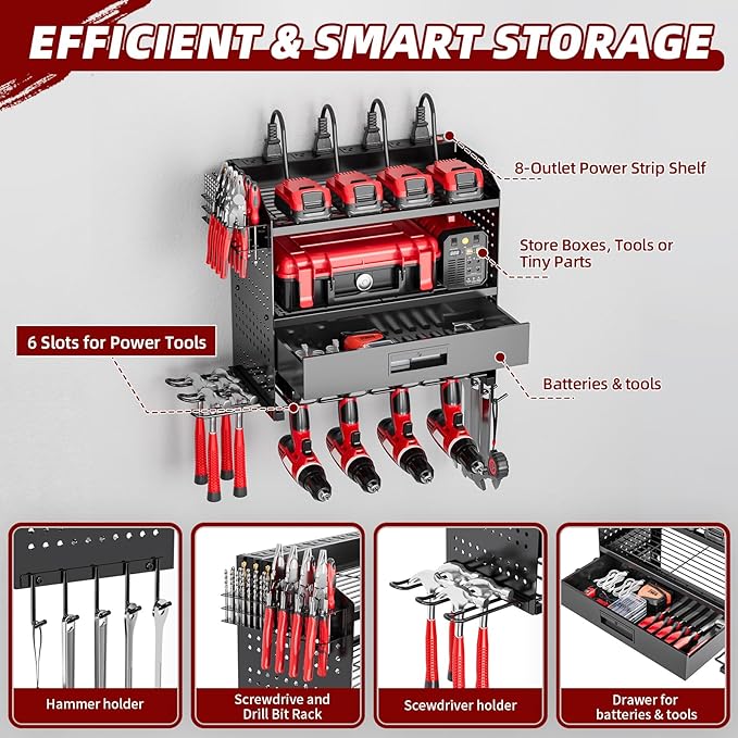 Power Tool Organizer Wall Mount with Charging Station, 4 Layers Storage Rack with 6 Drill Holders & Battery Storage, Cordless Tool Organizer with Drawers for Garage, Workshop & Tool Room