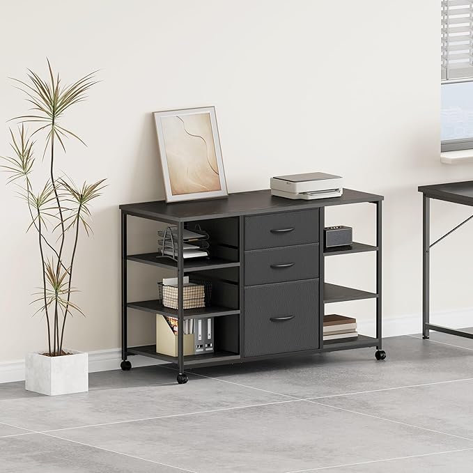 Mobile File Cabinet,Lateral Filing Cabinet with 3 Fabric Drawers,Rolling Printer Stand with 4 Open Storage Shelf for Home Office,Black