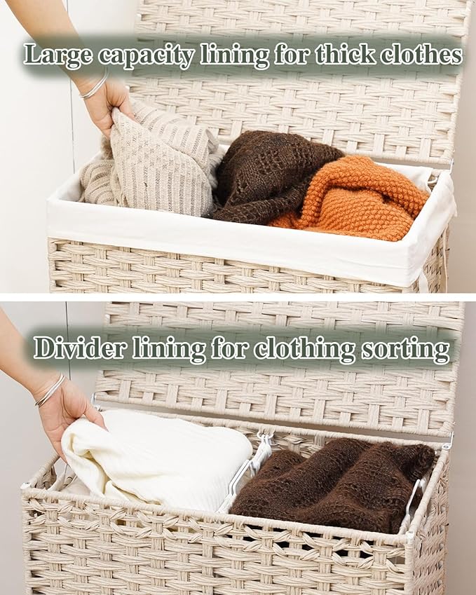 Laundry Hamper with Lid Wicker Laundry Basket 112 L (29.6 Gal) Laundry Hampers Handwoven Rattan Clothes Hamper with Handles 3 Removable Liner Bag, 6 Mesh Bags for Bathroom Bedroom Light Khaki