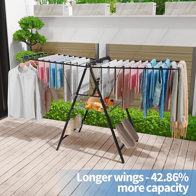 APEXCHASER Clothes Drying Rack Foldable, Metal Laundry Drying Rack with Height Adjustable Rails, Ultra Thin Drying Rack Clothing Towel Sweater Shoe for Indoor Outdoor, Gullwing Clothes Airer, Black