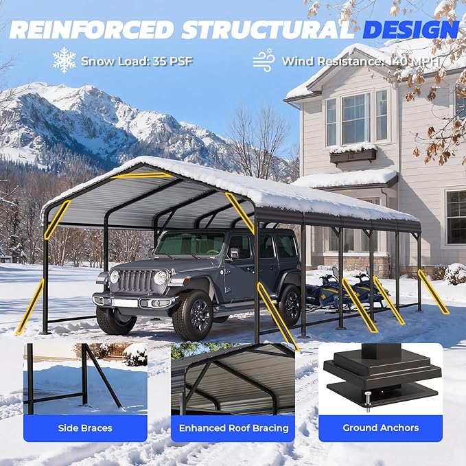 EROMMY13' x 26' Heavy Duty Metal Carport with Galvanized Steel Roof & Base for All-Weather Protection, Outdoor Carport Garage, Versatile for Car, Boat, Tractor, and Party Use, Dark Gray