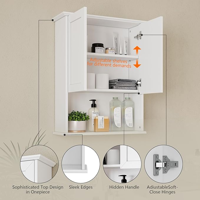 Medicine Cabinet, Over The Toilet Storage Cabinet, 24x30 Inch Bathroom Wall Storage Cabinet with 2 Door & Adjustable Shelves, Bathroom Cabinet Wall Mounted, for Laundry Room, Kitchen