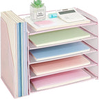 OPNICE Desk Organizer, 5-Tier Paper Organizer Letter Tray with Magazine Holder, Office Desk Accessories & Workspace Organizers, Desktop File Organizer for Office Supplies Storage, Pink