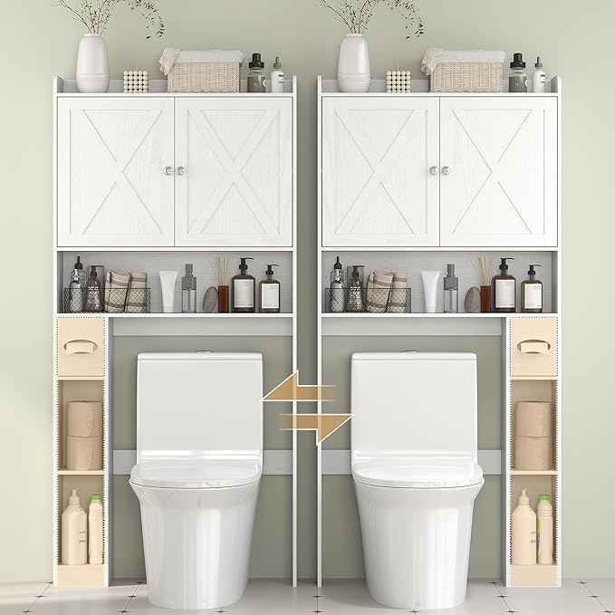 HOMCOM Over the Toilet Storage Cabinet, Farmhouse Above Toilet Bathroom Organizer with Barn Doors, Adjustable Shelf, Toilet Paper Holder, Freestanding Space Saver for Laundry, Distressed White