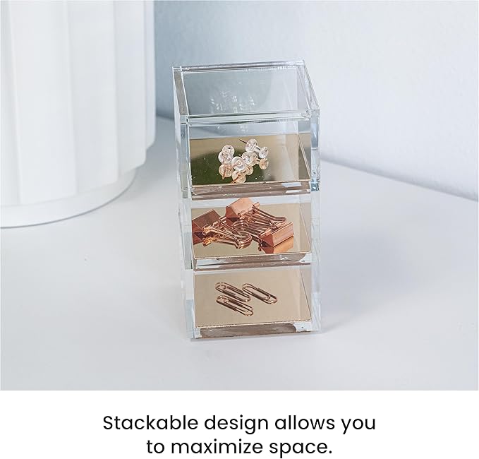 OfficeGoods 3-Tier Stackable Acrylic Holder- Stylish Desk Organizer and Storage for Office or Home – Transparent Square Design with Gold Metal Base