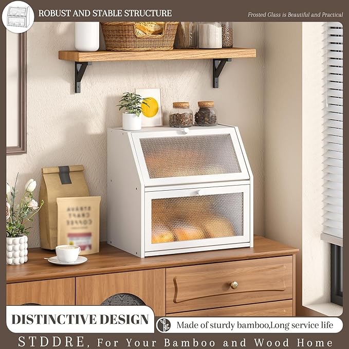 Bread Box for Kitchen Countertop Bin Double Layer Bread Box Storage Container Extra Large Capacity with Diamond Pattern Windows (White, Extra Large)