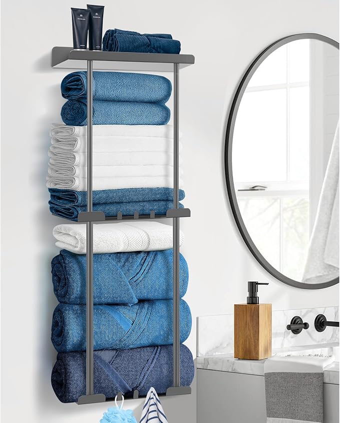 Hommtina Wall-Mounted Towel Rack & Holder - Rust-Resistant Bathroom Organizer with No Drill Installation, Space-Saving Design for Kitchen, Laundry Room (Grey)