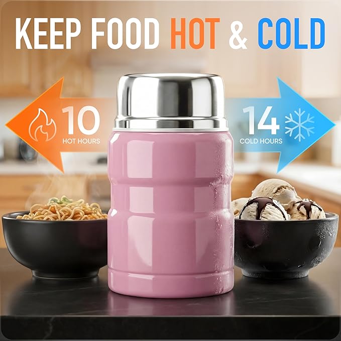 Earth&ME Stainless Steel Thermo For Hot Food 17OZ with Folding Spoon, Vacuum Insulated Food Container, Soup Thermo with Wide Mouth, Insulated Food Jar for Hot & Cold Food, Pink