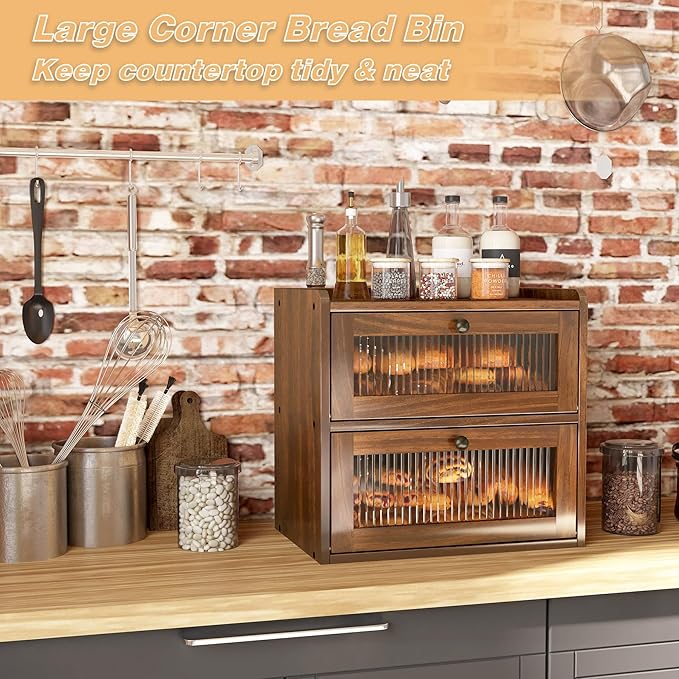 Double Layer Large Bread Box for Kitchen Counter, Wooden Corner Bread Storage Container with Acrylic Window, Retro Brown