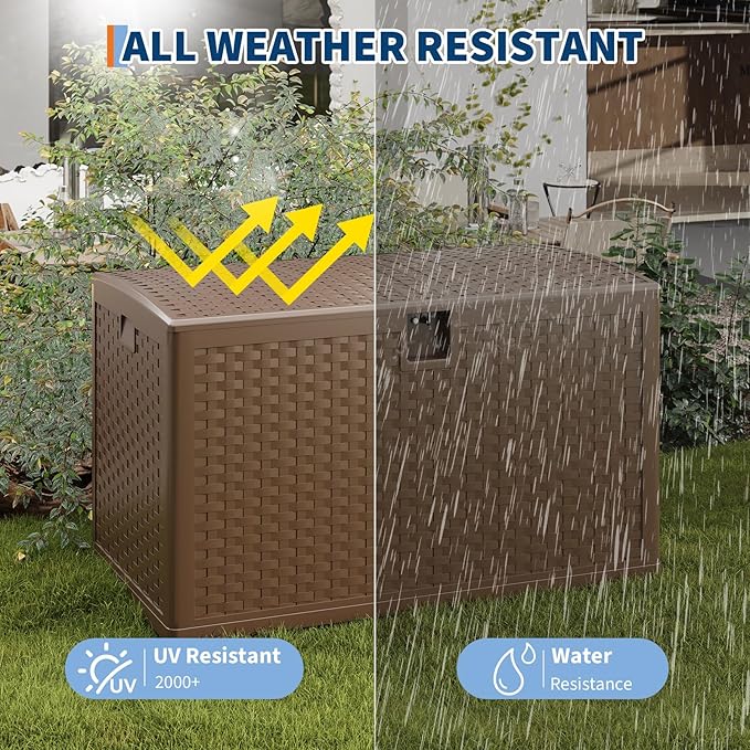 Garvee 120 gallon Waterproof Outdoor Storage Box, Lockable Plastic Deck Box with Lid, Patio Storage Bin for Pool, Garden Tools, Backyard, Porch, All-Weather Protection, Brown