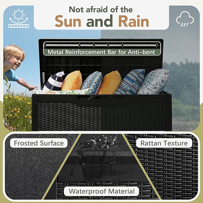 Flamaker Deck Box with Cushion 98 Gallon Waterproof Resin Storage Box with Air Rod Indoor Outdoor Lockable Storage Bench for Patio Furniture, Tools, Pool Accessories (Black)