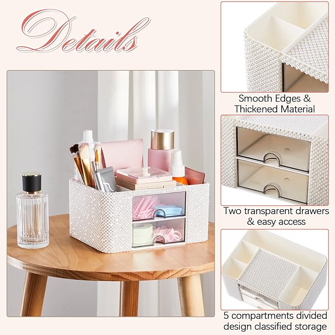 White Bling Desk Organizer with 2 Drawer, Sparkly Makeup Organizer for Vanity, Girly Desk Accessories, Rhinestone Pen Holder, Elevate Your Workspace with White Serenity (Pearl)